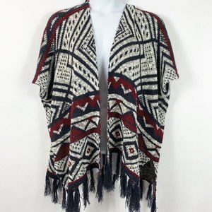 Anthropologie Elodie Large Cardigan Sweater Vest Hooded Tassels Red Blue White